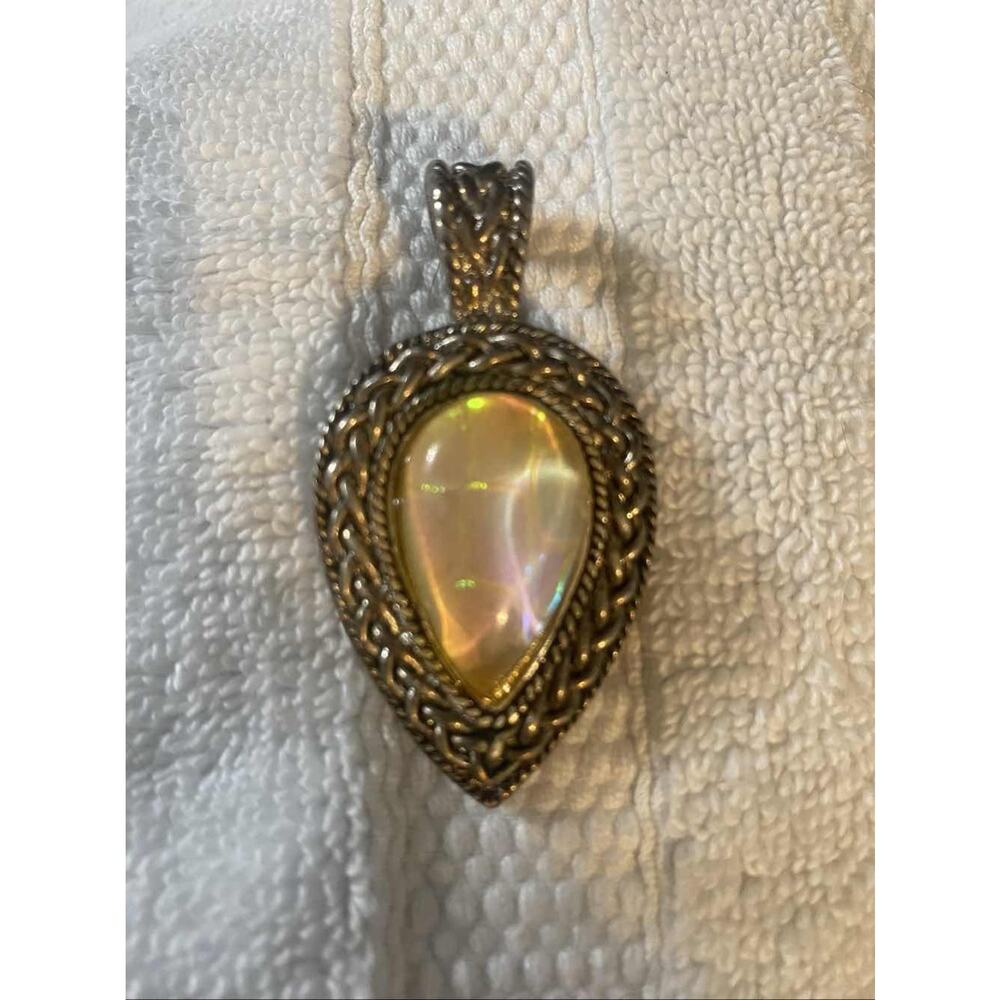 Vintage Ornate Silver Tone Teardrop Pendant Iridescent MOP Pendant